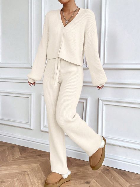 Apricot Casual Collar Long Sleeve  Plain Pants Embellished Medium Stretch Fall/Winter Women Clothing Sweater Two Piece Set, Pants Embellished, Winter Sets, Sweater Sets, Plain Pants, Winter Set, Co Ords, Women Sweater, Ribbed Knit Sweater