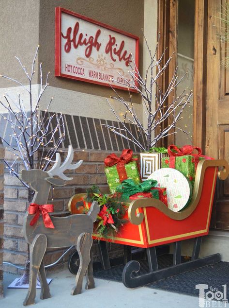 Santa Sleigh And Reindeer Outdoor, Diy Santa Sleigh, Wood Deer, Wood Reindeer, Wood Santa, Sleigh Rides, Christmas Yard Art, Diy Christmas Ornaments Easy, Front Porch Christmas Decor Ideas