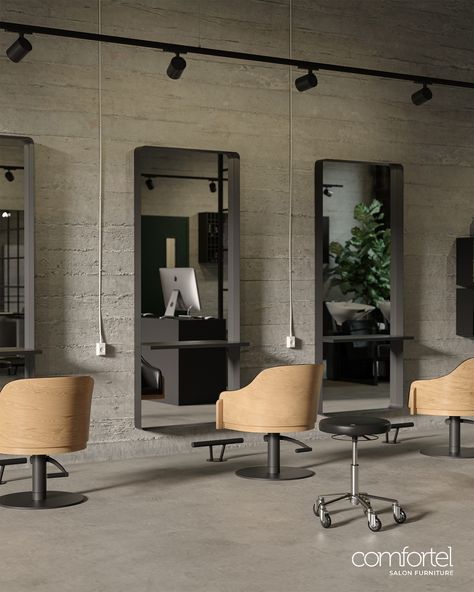 JUST ADD PEOPLE ~ Industrial Scandi at its finest! Featuring our Stockholm #stylingchair with Tuscany #salonmirror and Lambert #washlounge in Black. 📷 @justaddpeopledk... #comfortelLambert #comfortelStockholm #comfortelTuscany #comfortelGrounded #instaslon #hairsalon #industrialdesign #scandi #saloninspo #saloninterior Hairsalon Ideas Decor, Industrial Salon Decor, Hair Salon Interior Design Ideas, Salon Lighting Ideas, Rustic Salon Decor, Grey Salon, Minimalist Salon, Rustic Salon, Salon Concepts