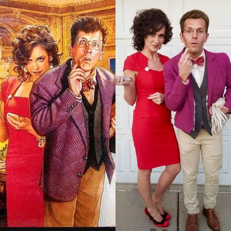 Unique Couple Halloween costume! Professor Plum and Miss Scarlet! #CLUE Clue Couples Costume, Clue Miss Scarlet Costume, Clue Halloween Costume, Professor Plum Costume Female, Professor Plum Costume, Professor Plum Clue Costume, Mrs Scarlett Clue, Miss Scarlet Clue Movie, Miss Scarlet Costume Clue