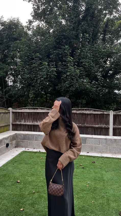 Silk Dress Jumper Outfit, Brown Midi Dress Outfit Fall, Long Brown Skirt Outfit Fall, Long Black Silk Skirt Outfit Winter, Midi Skirt Jumper Outfit, Jumper And Skirt Outfit Winter, Thanksgiving Outfit Modest, Long Skirt And Jumper, Modest Thanksgiving Outfit