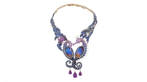 Lydia Courteille Seahorses Necklace This elaborate necklace has more than 20 grams of blue Australian opals with white diamonds, black diamonds, fancy sapphires, amethysts, sapphires 51.19 cts all set in 18k gold Lydia Courteille Jewelry, Sea Creature Jewelry, Seahorse Jewelry, Clay Tips, Chunky Jewellery, Sea Necklace, Seahorse Necklace, Fancy Sapphire, Embroidery Works