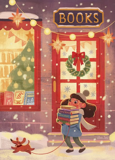 The seasons in the book store on Behance Japan Illustration, Illustration Kunst, Unicorns And Mermaids, Winter Illustration, Christmas Illustrations, Fairy Book, Christmas Drawing, Noel Christmas, Christmas Mood