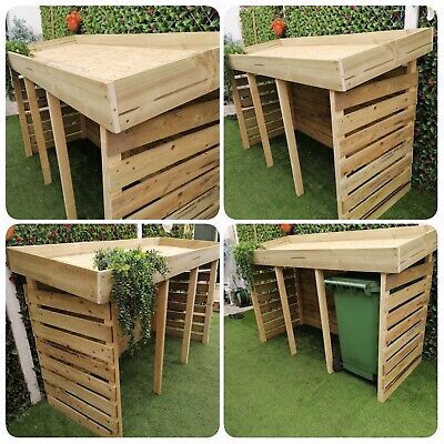 Triple wheelie bin. Wheelie Bin With Planter/living roof. Made for 3 standard bins but could be made in different sizes or as a log store. Delivery at an extra charge can be made within an approx  50 mile radius. Otherwise collection welcome. Made with treated wood and comes complete with lining. Bin Store Ideas, Pallet Bin Store Diy, Pallet Bin Store, Bin Storage Ideas Wheelie, Wheelie Bin Storage Ideas, Pallet Wood Bin Storage, Bin Storage Ideas, Pallet Wheelie Bin Store, Wheelie Bin Storage