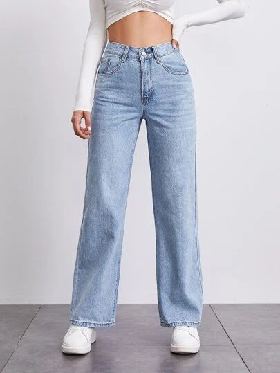 Novedades SHEIN | Comprar Vestidos, Tops y Zapatos de Mujer ; Accesorios | SHEIN Straight Jeans Outfit, Straight Leg Jeans Outfits, Jeans Outfit Women, Moda Jeans, Stylish Jeans, Cute Jeans, Straight Fit Jeans, Looks Chic, Light Wash Jeans