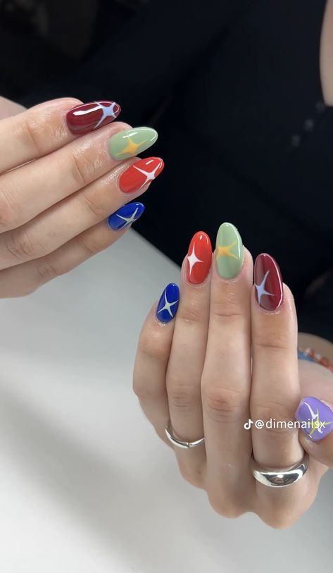 Multicoloured Nails, Star Nail, Back To School Nails, Acrylic Nail Set, Hard Nails, Colorful Nails, School Nails, Star Nails, Nails Desing