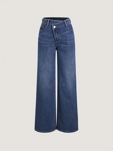 Vintage Blue Wide Leg Straight Button Fly JeansI discovered amazing products on SHEIN.com, come check them out! Dark Blue Autumn, Blue Jeans Women, Blue Autumn, Women Design, Retro Blue, Autumn Casual, Loose Fit Jeans, Denim Jacket Women, Jeans Women