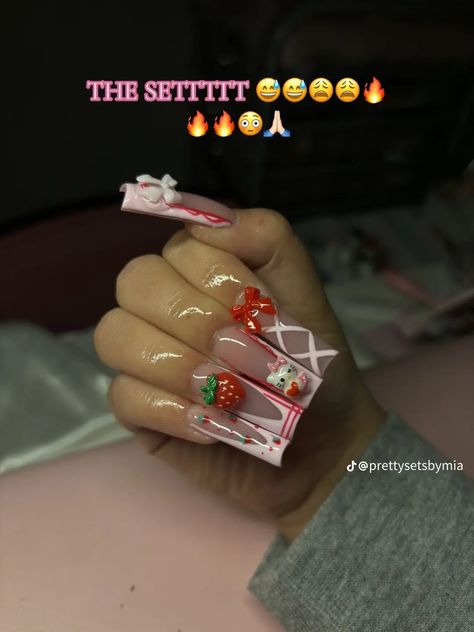 Baddie Long Acrylic Nails, Strawberry Acrylic Nails, Strawberry Nails Acrylic, White Long Nails, Nails Pink And White, Strawberry Nails, Poppin Nails, Fye Nails, Hard Nails