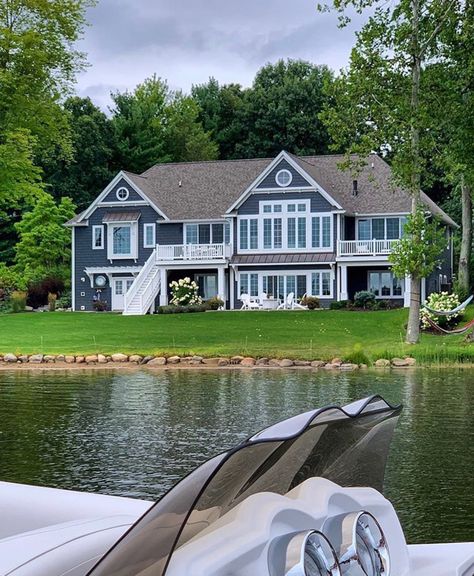 Lily pad cottage Lily Pad Cottage, Family Lake House, L Shaped House Plans, L Shaped House, Lake Houses Exterior, Cottage Lake, Waterfront Cottage, Cottage Exterior, Family Estate