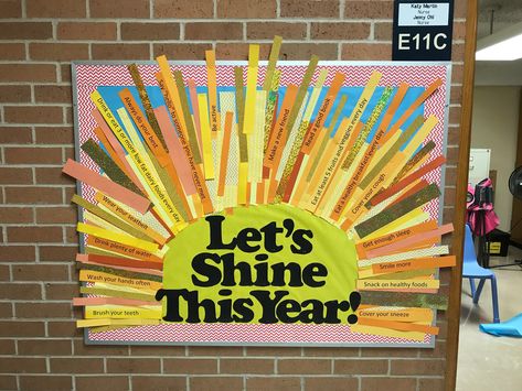 Back to school sunshine bulletin board. Let’s shine this year. Health room. Healthy habit sun rays. Retro Bulliten Board, Sunshine Bulletin Boards For School, Be The Sunshine Bulletin Board, Sun Door Decorations Classroom, Hello Sunshine Bulletin Board Ideas, Sunshine School Theme, Classroom Sunshine Theme, Sunrise Bulletin Board, Food Theme Bulletin Board Ideas