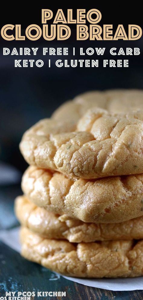 My PCOS Kitchen - Keto Paleo Cloud Bread - Delicious soft gluten-free and dairy-free cloud bread made with creamy mayonnaise.  Can be served with a delicious sugar-free and gluten-free bbq pork sandwich! #glutenfree #keto #paleo #dairyfree #bread Dairy Free Cloud Bread, Easy Cloud Bread Recipe, Keto Cloud Bread, Bbq Pork Sandwiches, Gluten Free Bbq, Diet Lunch, Grain Free Bread, Best Keto Bread, Bread Substitute