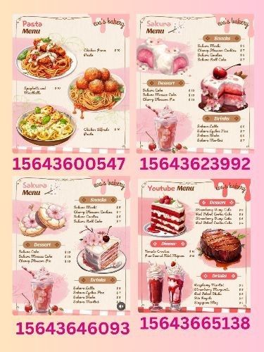 Kawaii Cafe Bloxburg, Menu Roblox Id, Cute Kitchen Decals Bloxburg, Bloxburg Feminine Products Decals, Bloxburg Cafe Decals Codes Pink, Cute Pink Decals For Bloxburg, Roblox Food Decal Codes, Bloxburg Cafe Kitchen, Pink Cafe Bloxburg