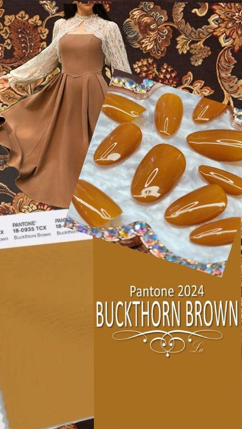 Background is brown and gold damask wallpaper. The foreground shows a romantic dress in buckthorn brown, Pantone fabric swatch and press on nails in the focus color. Brown Pantone, Colors For 2024, Pantone Fall, Warm Brown, Fall Colors, My Favorite, Wardrobe, Color