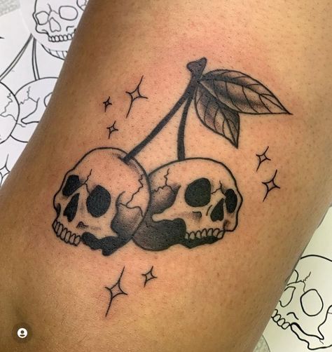 Cherry Skull Tattoo, Pretty Skull Tattoos, Skull Cherries, Small Skull Tattoo, Tato Tradisional, 16 Tattoo, Cherry Tattoos, Goth Tattoo, Wicked Tattoos