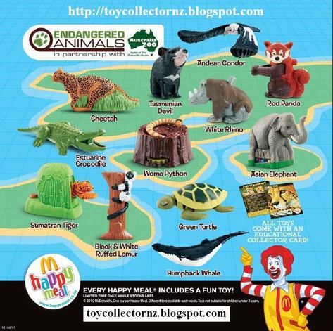 McDonalds Endangered Animals Happy Meal Toys 2010 Estuarine Crocodile, Dino Food, Ruffed Lemur, Mcdonalds Happy Meal Toys, Andean Condor, Toy Character, White Rhinoceros, Animals Around The World, Best Christmas Toys