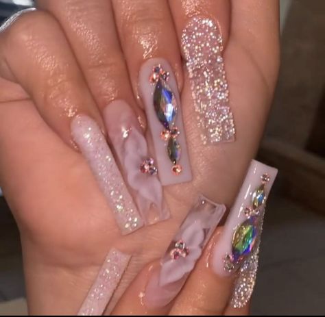 Nails With Rhinestones Medium, Glitter Nails With Flowers, Pink Acrylic Nails 3d Flowers, 3d Flower Nails, Pink Glitter Nails, Soft Nails, Simple Acrylic Nails, Gem Nails, Cute Acrylic Nail Designs