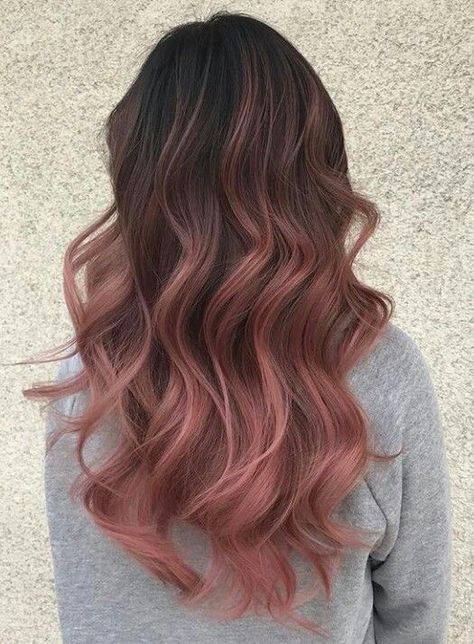 Balayage Hair Rose Gold Brunettes, Brown Rose Hair Color, Rose Gold Hair Ombre Brunette, Rose Gold Hair On Black Hair, Balage Hair Brown Balayage Medium Length Hairstyles, Rose Pink Highlights Dark Hair, Styles Of Hair Coloring, Rose Gold Hair On Brown Hair, Subtle Pink Balayage Brunette