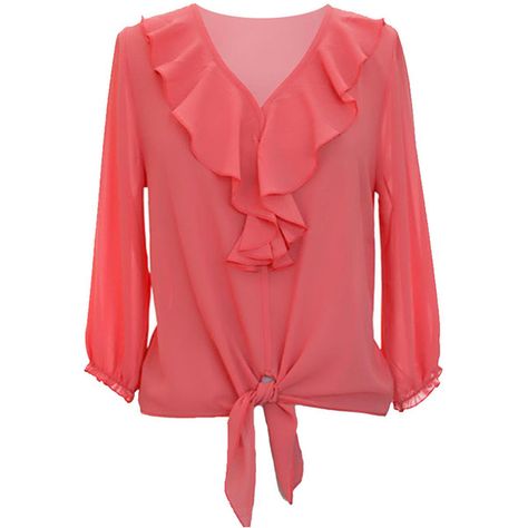 Coral Pink Semi Sheer Ruffled Loose Fit Blouse ($25) ❤ liked on Polyvore featuring tops, blouses, coral, flounce tops, pink blouse, loose fitting blouses, ruffle top and pink top Áo Blu, Afrikaanse Mode, Loose Fit Blouse, Women Blouses Fashion, Fashion Tops Blouse, Trendy Fashion Tops, Ruffled Neckline, Indian Designer Outfits, Loose Blouse