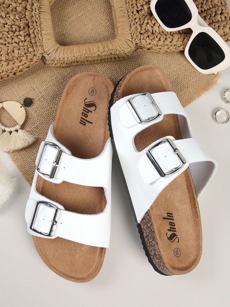 Minimalist Double Buckle Strap Flat Sandals | SHEIN USA Black Outfit Men, Women Flat Sandals, Shoe Molding, Footbed Sandals, Cute Sandals, Buckle Sandals, White Flats, Womens Sandals Flat, Black Outfit