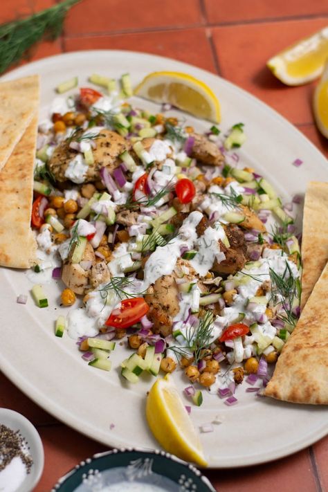 Sheet Pan Chicken Gyros - Joy to the Food Sheet Pan Chicken Gyros, Cucumber Feta Salad, Quick Recipe Videos, Sheet Pan Meals Chicken, Fresh Cucumber, Sheet Pan Chicken, High Protein Meal Prep, Chicken Gyros, Recipe Sheets