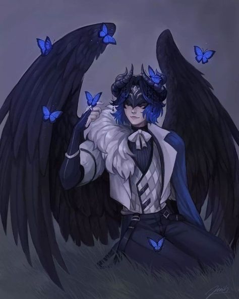 Anime Angel With Black Wings, Black Wings Character Design, Winged Human Art Male, Winged Human Character Design Male, Winged Male Oc, Butterfly Oc Male, Human With Wings Drawing, Anime Guy With Wings, Winged Human Character Design