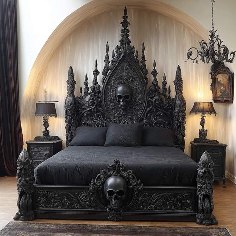 Dark Elegance: Gothic Skull Bed with Ornate Details and Black Themed Room Decor Dark Gothic Bedroom, Black Themed Room, Gothic Beds, Vampire Bed, Gothic Bed Frame, Gothic Living Rooms, Vampire Room, Coffin Bed, Goth Bed