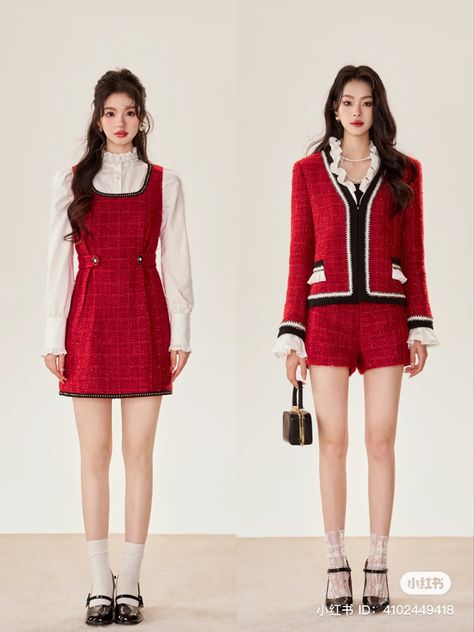 Christmas Outfit Classy, Elegant Christmas Outfit, Korean Outfits Kpop, Tweed Set, Rococo Fashion, Outfit Classy, Red Dress Outfit, Red Cardigan, Knitted Romper