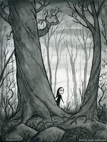 Lost in the Woods, ink and watercolor by John Lechner Lost In The Woods Drawing, Lost In Forest, Creepy Woods, Monochromatic Watercolor, Forest Sketch, Lost In The Forest, Forest Book, Wood Illustration, Forest Drawing