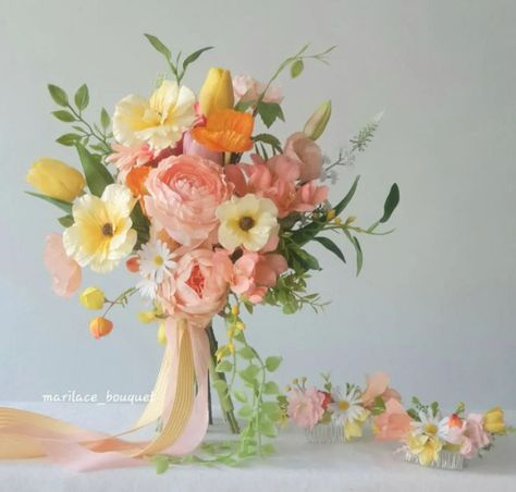 Colorful Peony Bouquet, Small Whimsical Bouquet, Small Pastel Bouquet, Champagne Floral Arrangements, Bouquet Wedding Pastel, Small Spring Bouquet, Spring Wedding Bouquets Pink, Orange And Pink Bouquet, Mini Bridal Bouquet