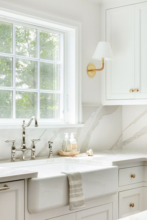 Bria Hammel Interiors Sconces Kitchen, Bria Hammel Interiors, Bria Hammel, Quartz Backsplash, Small Pantry, Country Cottage Style, Desk Areas, Boot Room, Statement Lighting