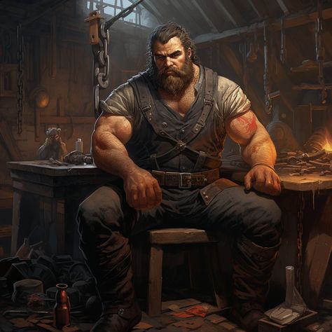 Musclebear blacksmith Bruiser Character, Blacksmith Rpg, Blacksmith Character Design, Dnd Blacksmith, Blacksmith Aesthetic, Fantasy Blacksmith, Blacksmith Character, Viking Blacksmith, Mens Pictures