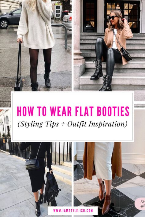 Flat Booties With Dress, Flat Ankle Boots With Dress, Low Heel Booties Outfit, Flat Boots For Women Casual Outfits, Flat Booties With Jeans, Flat Boots With Dress, Flat Boots Outfit Ankle, Flat Black Ankle Boots Outfit, Low Ankle Boots Outfits