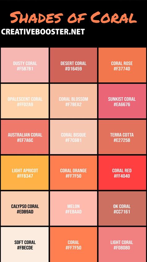 35th Anniversary Ideas, Color Palette Coral, Colour Shade Card, Coral Colour Palette, Coral Shades, Colour Codes, Coral Colors, Rgb Color Codes, Gradient Color Design