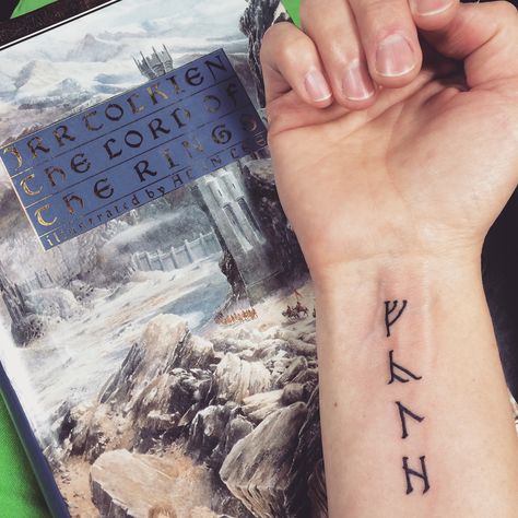 Yes, I am that nerd—the one who brings books into a tattoo shop! My first ink was from a dictionary illustration, this time The Lord of the Rings. These are my four kids' initials in cirth runes from Tolkien's stories. I have read The Hobbit, Fellowship of the Ring, The Two Towers, and Return of the King aloud to each of them!   Ink by John Black at Spaded & Jaded Tattoo Co. in Tulsa, OK. Cirth Runes, Dictionary Illustration, The Lord Of Rings, Tatuagem Masculina Pequena, Two Towers, The Two Towers, Fellowship Of The Ring, Four Kids, The Lord Of The Rings