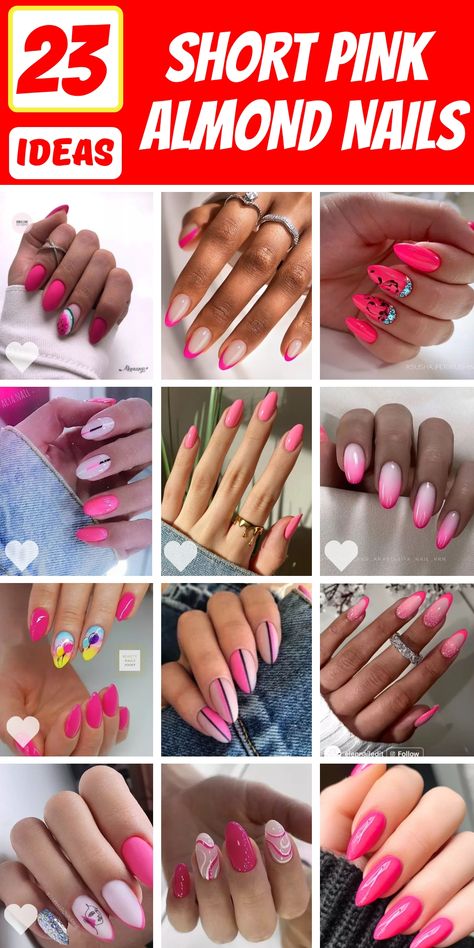 Discover the perfect blend of style and simplicity with short pink almond nails. This selection showcases everything from light, spring-ready acrylic designs to the bold and bright neon chrome for those who dare to stand out. With options ranging from the simple elegance of shaped nails to the sophisticated sparkle of white ombre, these ideas offer endless inspo for your next nail look. Sparkle Nails Short Almond, Pink Almond Shape Nails Design, Short Pink Almond Nails, Pink Almond Nails, Line Nail Designs, Almond Acrylic Nails Designs, Summer Nails Almond, Stiletto Nails Short, Pink Summer Nails