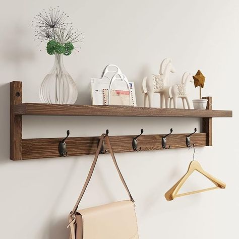 Amazon.com: AMBIRD Wall Hooks with Shelf 28.9 Inch Length Entryway Wall Hanging Shelf Wood Coat Hooks for Wall with Shelf Wall-Mounted Coat Hook Rack with 5 Dual Hooks for Bathroom, Living Room, Bedroom (Brown) : Home & Kitchen Wood Coat Hooks, Coat Hook Shelf, Space Saving Shelves, Wall Hanging Shelf, Entryway Shelf, Wall Coat Rack, Coat Rack Shelf, Fa Fal, Shelf Wood