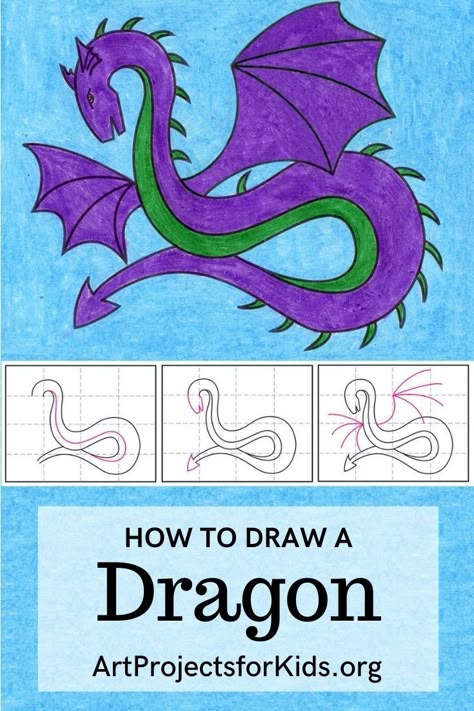 Simple Dragon Drawing, Dragon Tutorial, Draw A Dragon, Easy Dragon Drawings, Drawing Ideas For Kids, Dragon Drawings, Dragon Coloring, April Art, Drawing Lessons For Kids