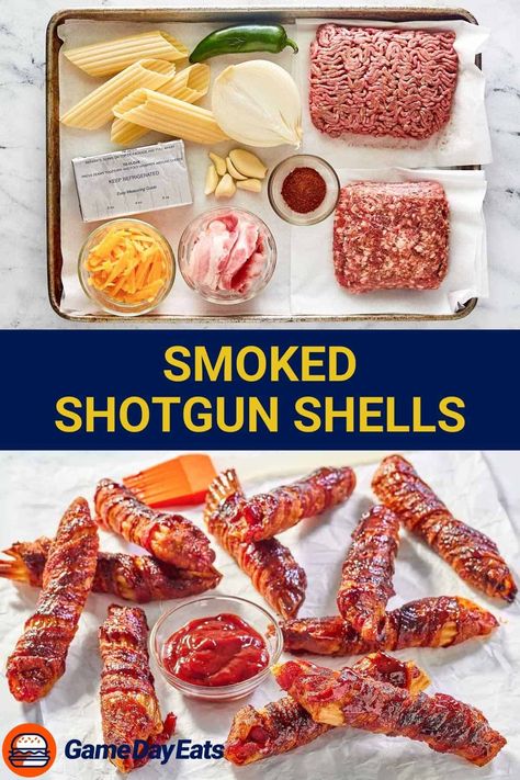 Score big at your next gathering with these mouthwatering Smoked Shotgun Shells! This appetizer is a total sensation for your taste buds. Manicotti shells are stuffed with ground beef, sausage, cream cheese, and cheddar cheese, then wrapped in bacon, seasoned, smoked, and coated in BBQ sauce. Get the easy recipe and find out how to make the best Shotgun Shells in a traditional smoker or pellet grill. Bbq Shotgun Shells, Shotgun Shells Recipe, Smoked Shotgun Shells, Manicotti Shells, White Queso Recipe, Cream Cheese Sausage, Manicotti Pasta, Sausage Cream Cheese, Smoked Recipes