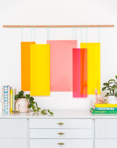 How to Make an Acrylic Wall Hanging / via Oh Joy! Diy Colorful Wall Art, Diy Wall Display, Acrylic Installation, Joy Cho, Acrylic Diy, Hanging Diy, Oh Joy, Acrylic Wall Decor, Colored Acrylic