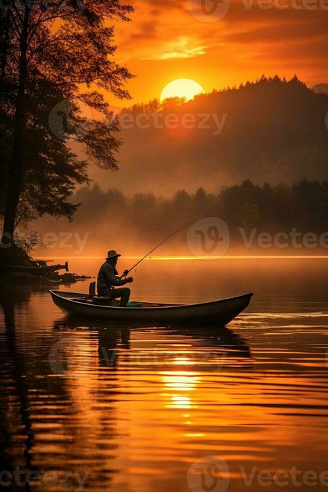 A solitary fisherman gracefully casts his line into a serene autumn lake capturing the beauty of a tranquil sunset Fishing Sunset, Autumn Sunset, Painting Sunset, Sunset Lake, Vector Technology, Autumn Lake, Beauty Ad, Lake Sunset, Autumn Scenery