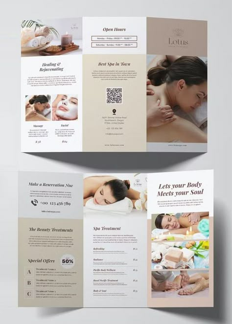 Beauty Brochures, Spa Brochure, Spa Menu, Brochure Design Creative, Massage Business, Brochure Design Layout, Spa Logo, Trifold Brochure Design, Pamphlet Design