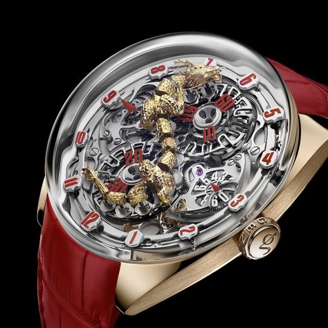 Introducing: The Mesmerizing Ballet of the Genus Dragon Watches Dragon Watch, Monochrome Watches, Perpetual Motion, Dragon Sculpture, Gold Dragon, Gold Models, Rose Gold Case, A Dragon, Red Accents