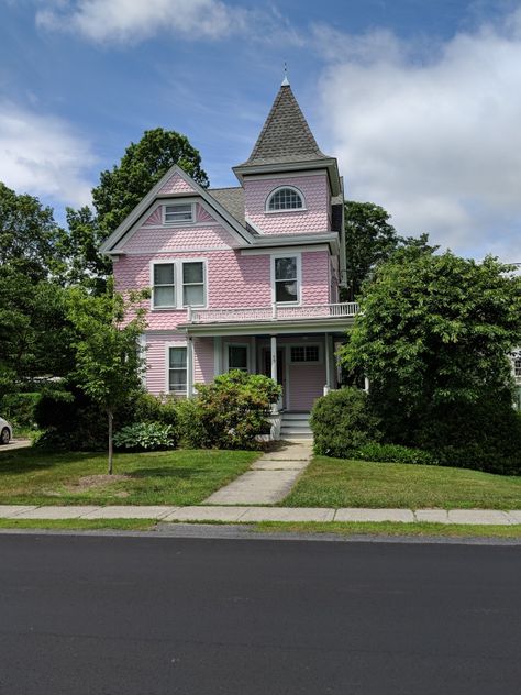 West Acton Massachusetts Acton Massachusetts, Pink Places, Cottage Loft, Modern Log Cabins, Pretty Houses, House Aesthetic, Victorian Cottage, Pink House, Victorian Houses