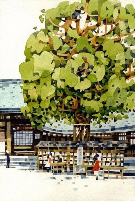 Japan Watercolor, Japan Illustration, Watercolor Inspiration, Painting Class, Environmental Art, Children's Book Illustration, Water Colour, Art Plastique, Watercolor And Ink