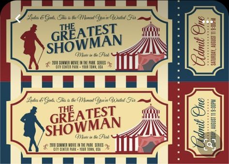 Showman Movie, Movies In The Park, Summer Movies, Movie In The Park, Party Tickets, Summer Movie, Ticket Design, Ticket Template, Viewing Party