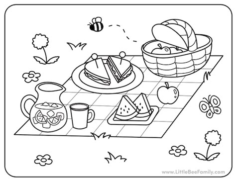 Picnic Coloring Page Picnic Themed Activities For Kids, Picnic Worksheets Preschool, Picnic Food Drawing, Drawing Scenery For Kids, Coloring Food Pages, Picnic Drawing Easy, Picnic Crafts For Toddlers, Picnic Activities For Kids, Picnic Doodle