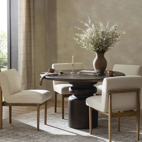 Introducing our designer dining picks 🥂 Our favorite dining pieces of the season to transform your space have arrived. Available at #StyleMeGHD.com ⠀⠀⠀⠀⠀⠀⠀⠀⠀ Round Black Dining Table Styling, Round Kitchen Table Centerpiece, Dining Room Design Round Table, Round Black Dining Table, Round Dining Table Decor, Round Dinner Table, Outdoor Console Table, Round Pedestal Dining Table, Pine Dining Table