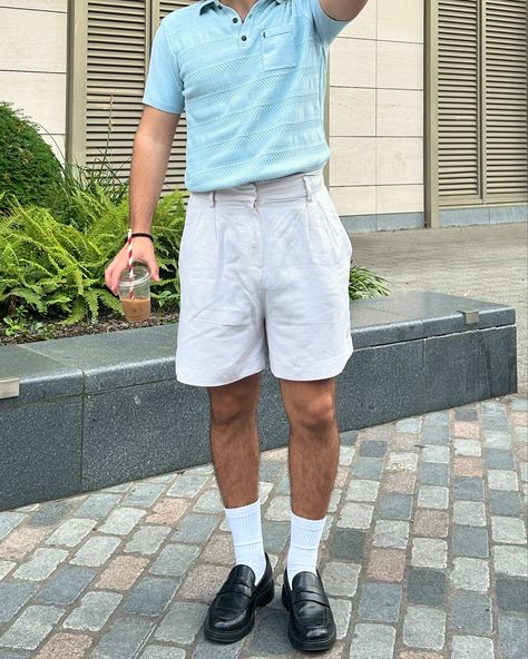 Knitted polos and pleated short #outfitinspo #mensfashion #ootdmen #menswear #summeroutfit #simplefits #outfitoftheday Pleated Shorts Outfit Men, Pleated Shorts Outfit, Shirt Shorts Outfit, Shorts Outfits Men, Shorts Outfit Men, Polo Outfit, Mens Shorts Outfits, Simple Fits, Ootd Men