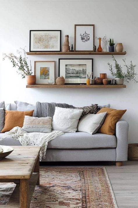 Living Room Floating Shelves Above Couch, Bare Wall Ideas Living Room, Shelves Over Couch, Wall Behind Couch Decor, Living Room Decor Simple, Decor Behind Couch, Shelves Above Couch, Above Couch Decor, White Walls Living Room