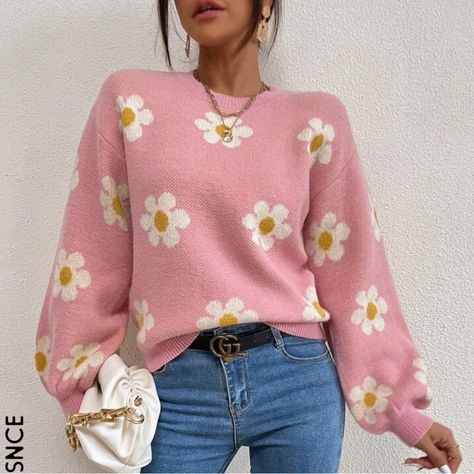 Sweetness Floral Sweater Lantern Sleeve Sweater, Floral Sweater, Estilo Chic, Drop Shoulder Sweaters, Matte Foundation, Outfit Casual, Stylus, Knitted Pullover, Casual Outfit